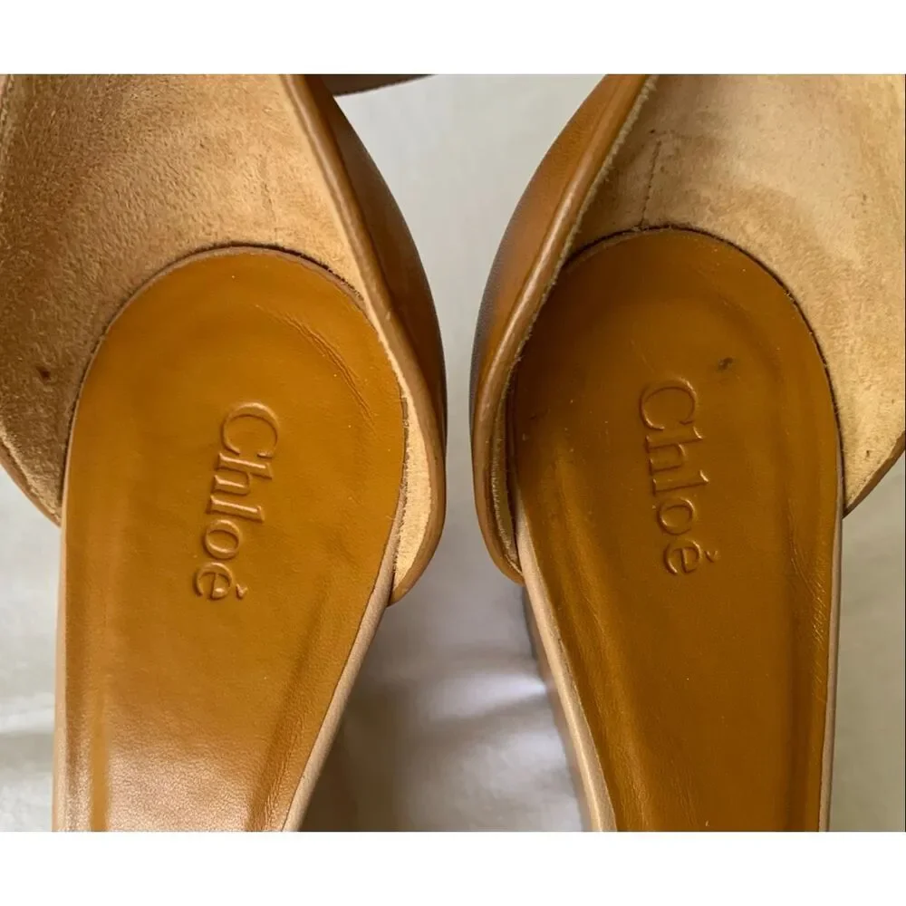 Chloe Gala tan Strappy Ankle Wedge Leather SANDALS Shoes sz 37.5